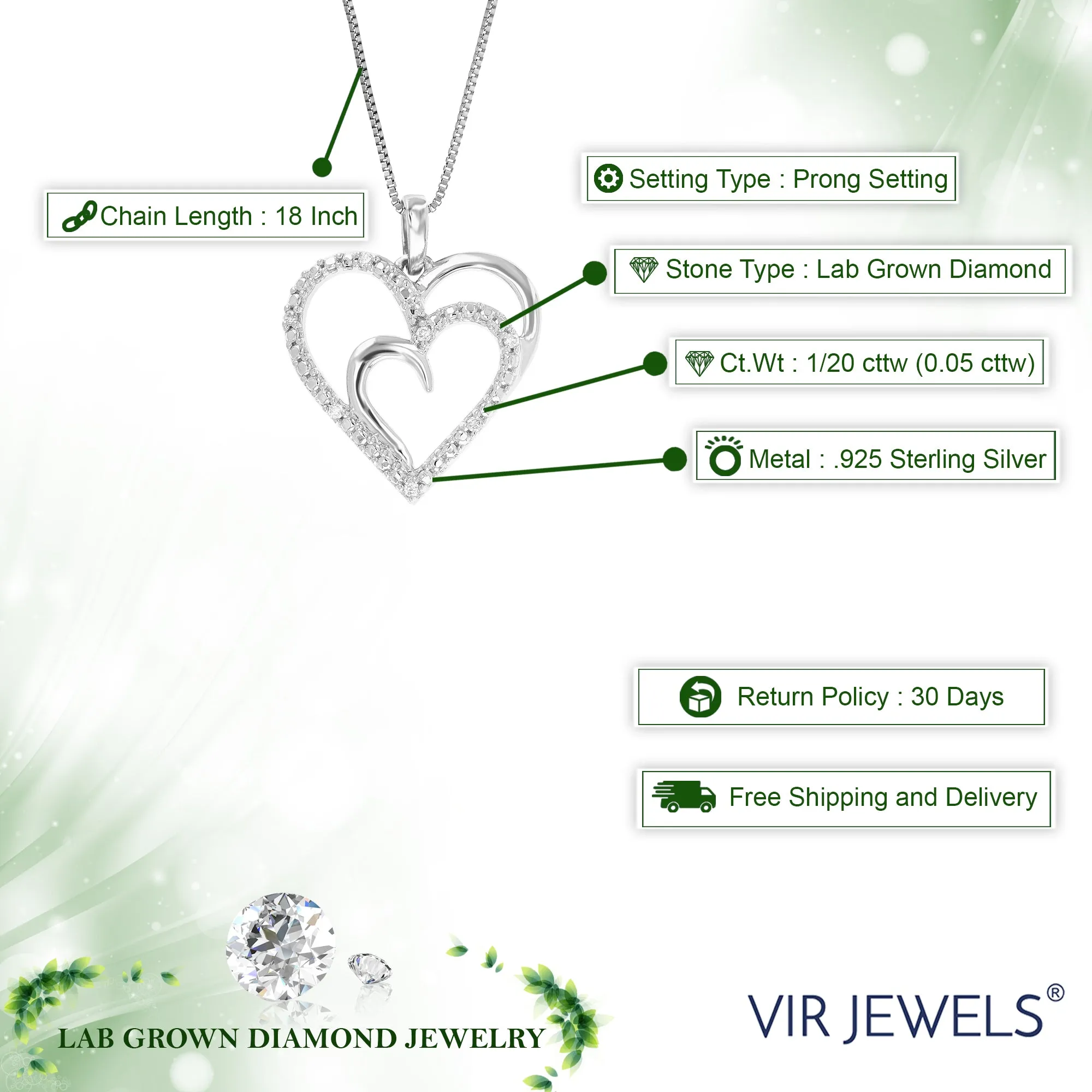 1/20 cttw Round Cut 7 Stones Lab Grown Diamond Double Heart Pendant Necklace .925 Sterling Silver 3/4 Inch With 18 Inch Chain