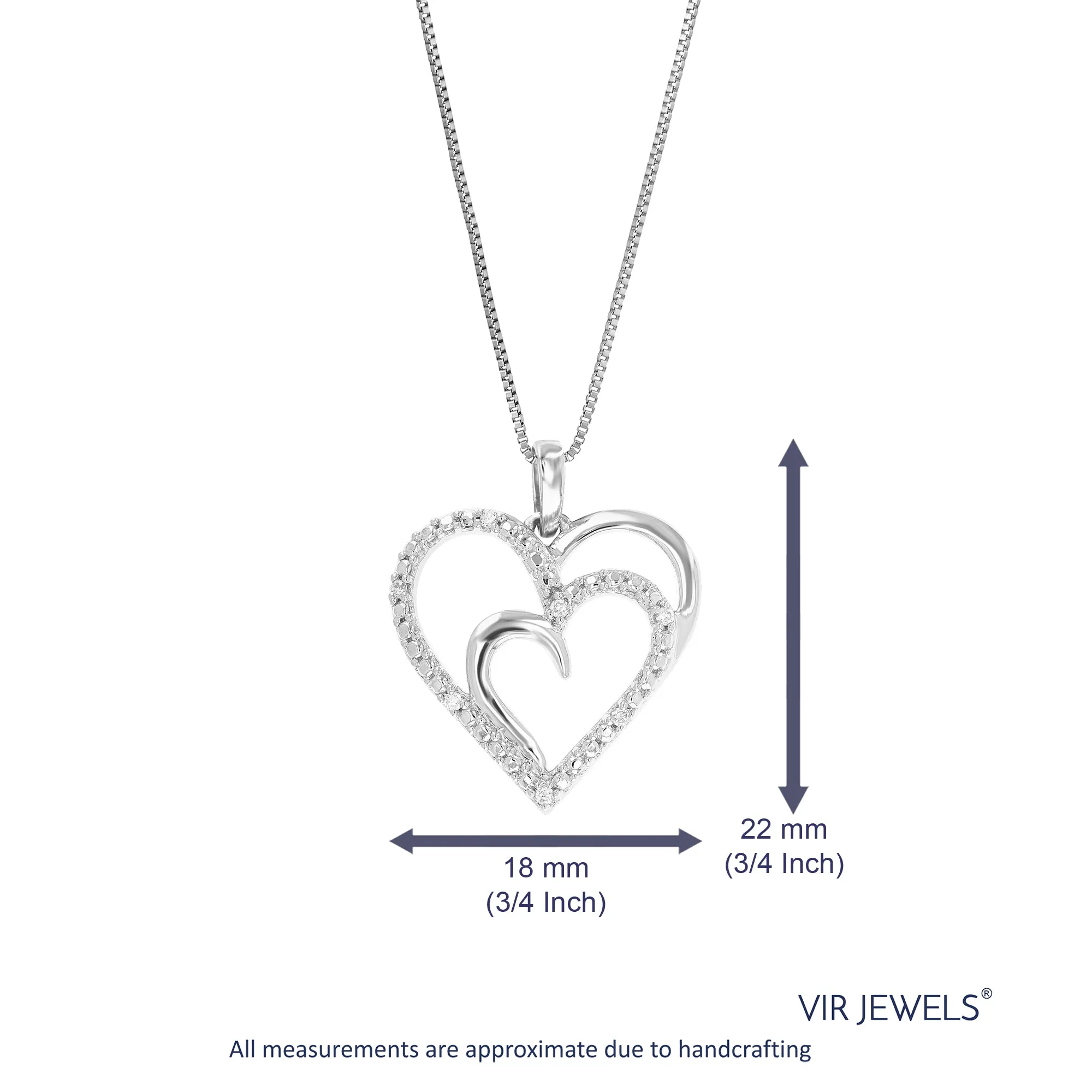1/20 cttw Round Cut 7 Stones Lab Grown Diamond Double Heart Pendant Necklace .925 Sterling Silver 3/4 Inch With 18 Inch Chain