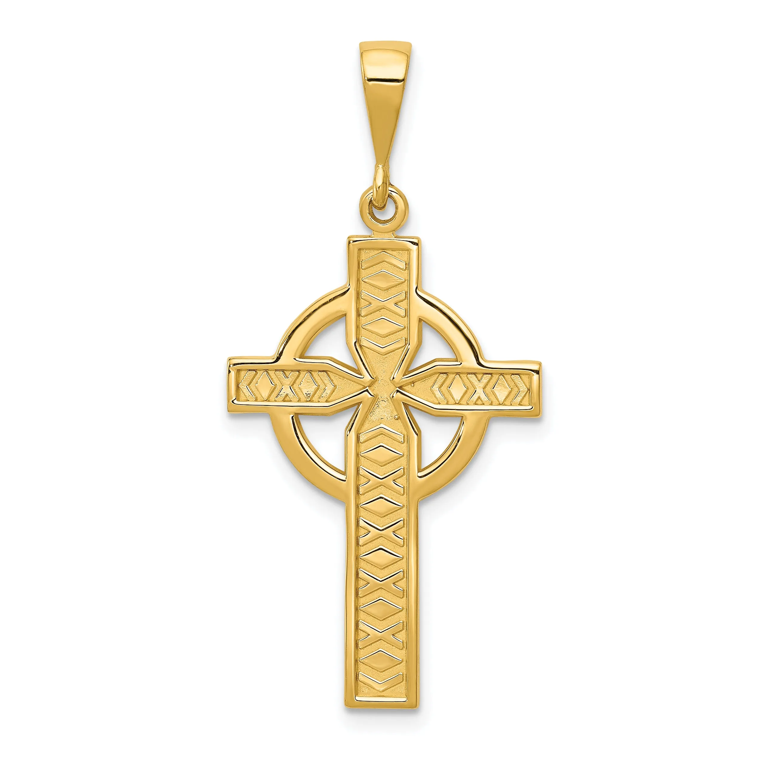 14K Gold Celtic Cross Pendant with Polished Finish and Satin Texture