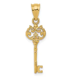 14K Gold Polished Filigree Key Charm Elegant Casted Design