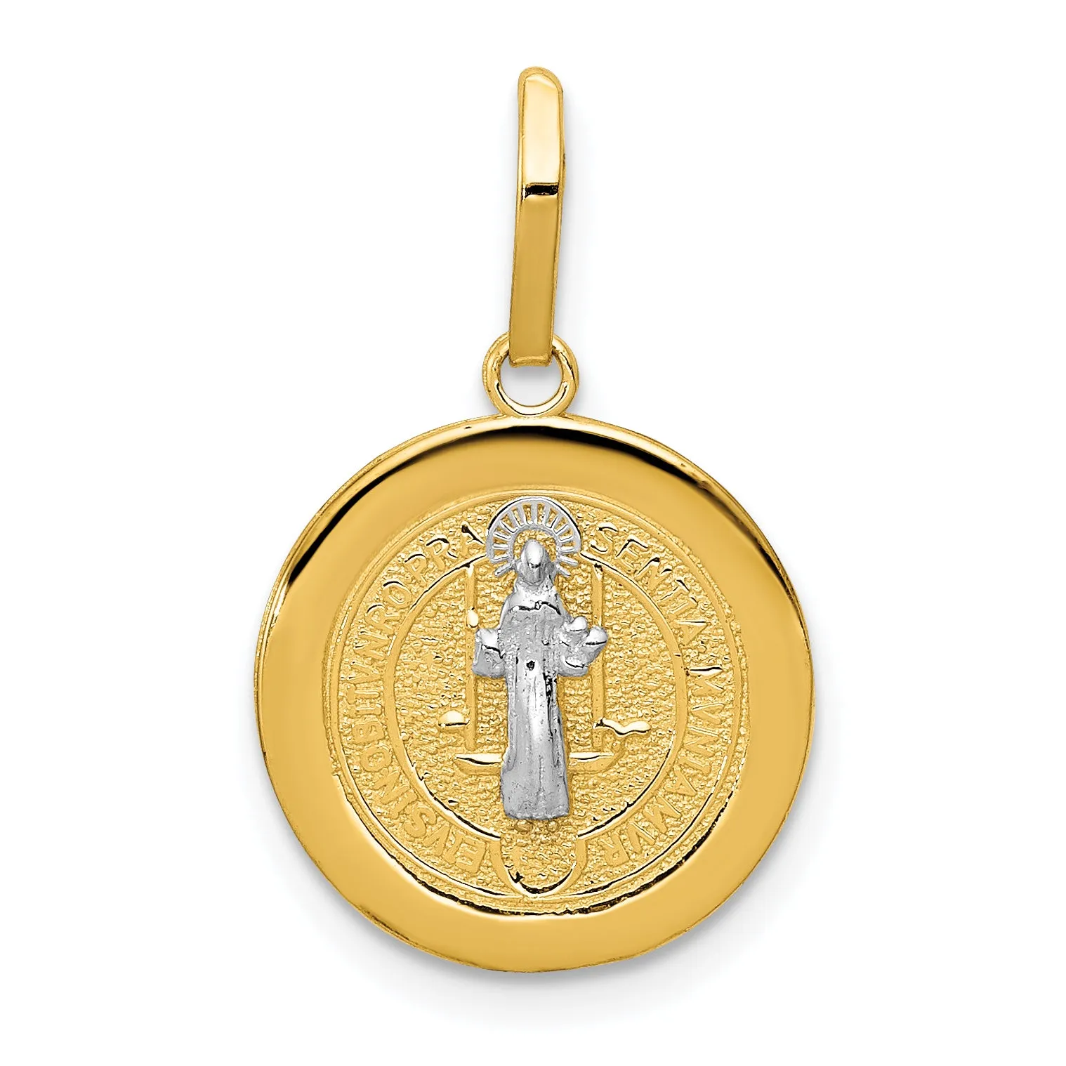 14K Gold St. Benedict Medal Pendant with Rhodium Accents, Reversible Design