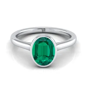 18K White Gold Oval Emerald Simple Bezel Solitaire Engagement Ring