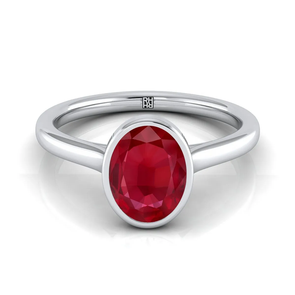 18K White Gold Oval Ruby Simple Bezel Solitaire Engagement Ring