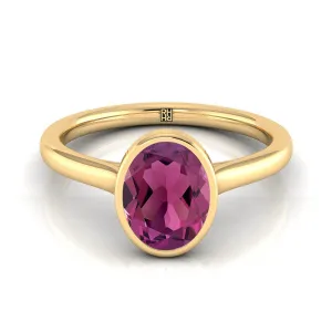 18K Yellow Gold Oval Garnet Simple Bezel Solitaire Engagement Ring