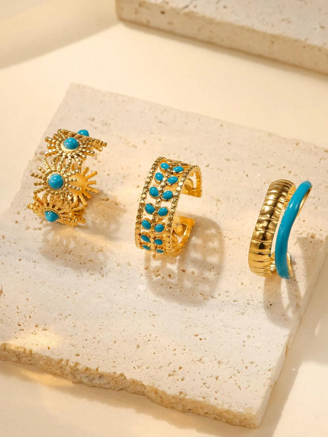 3pcs Fashion Simple Stainless Steel Blue Oil Drop Ring Set
