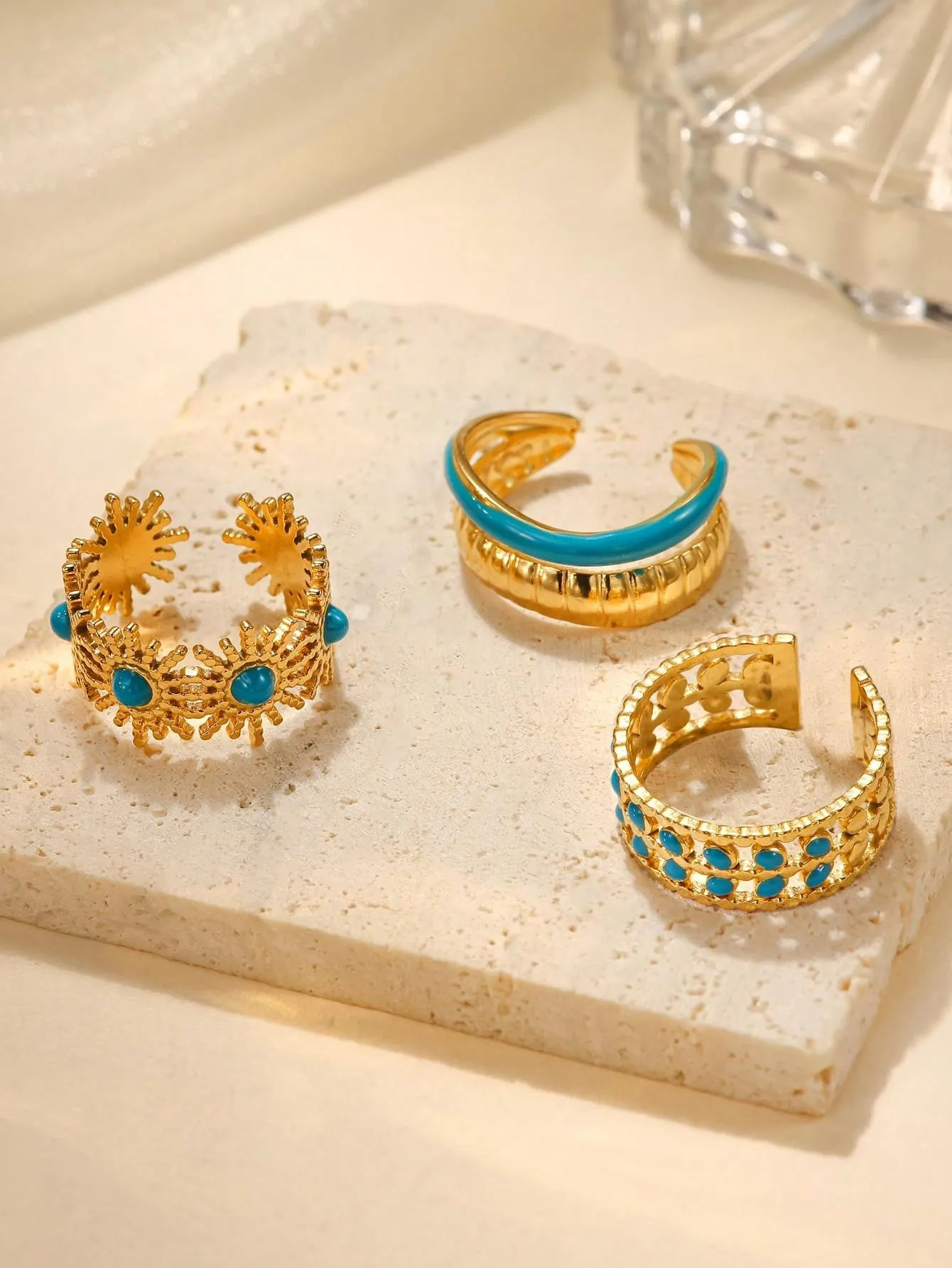 3pcs Fashion Simple Stainless Steel Blue Oil Drop Ring Set
