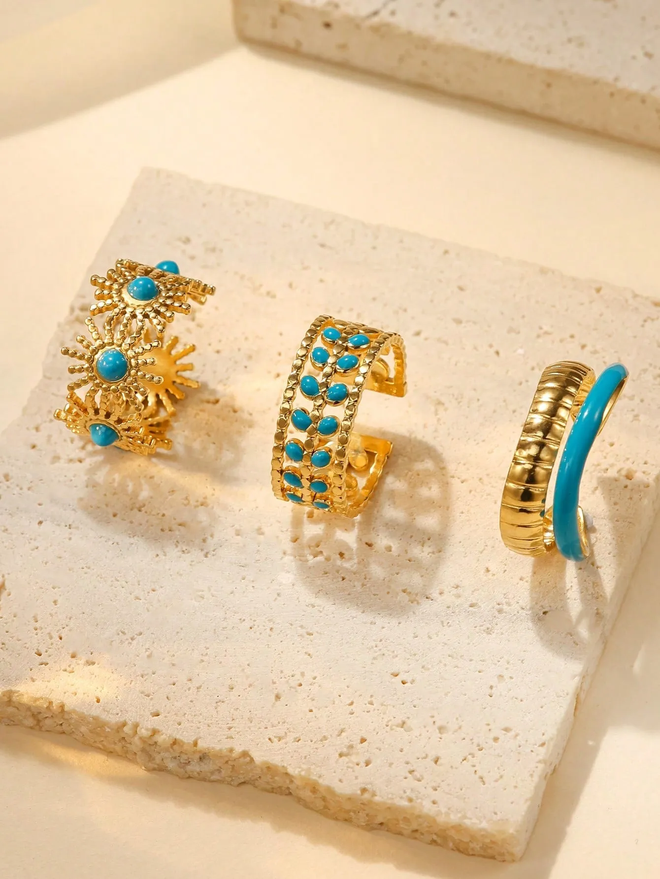 3pcs Fashion Simple Stainless Steel Blue Oil Drop Ring Set
