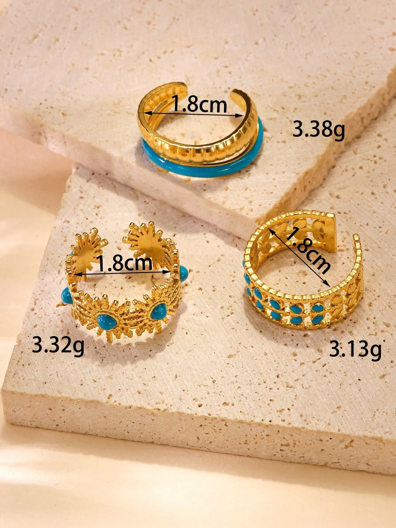 3pcs Fashion Simple Stainless Steel Blue Oil Drop Ring Set