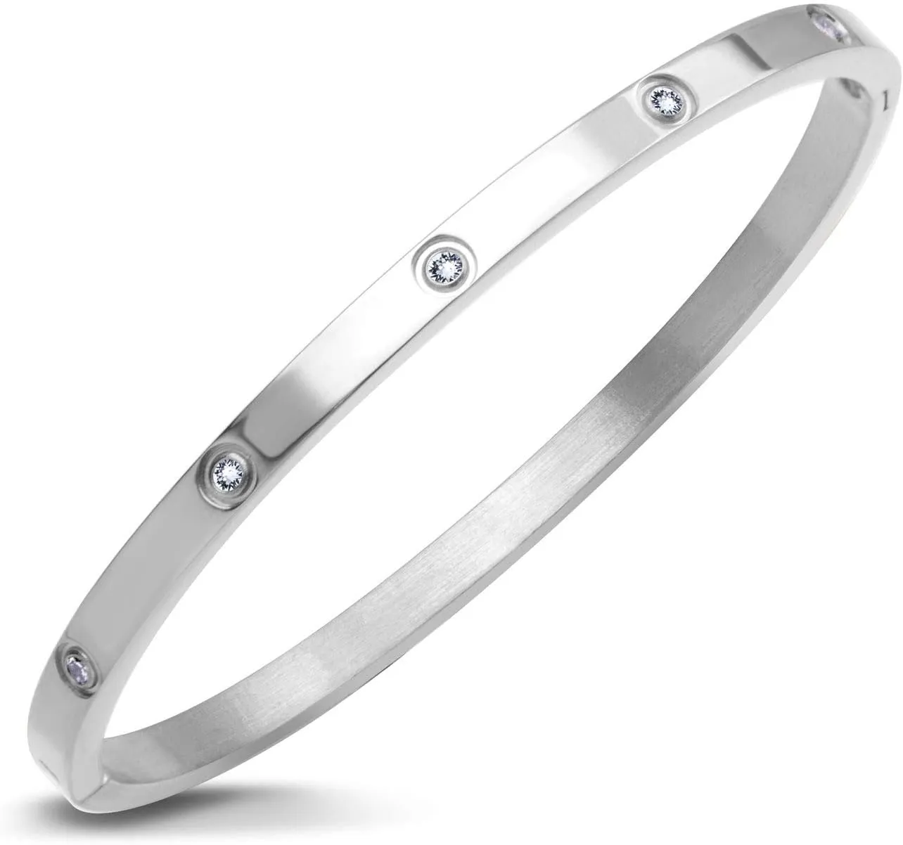 555Jewelry Womens Sparkling Cubic Zirconia Secure Hinge Lock Bangle Stainless Steel Bracelet