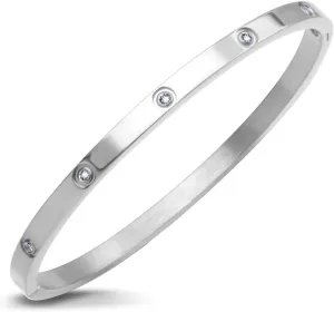 555Jewelry Womens Sparkling Cubic Zirconia Secure Hinge Lock Bangle Stainless Steel Bracelet
