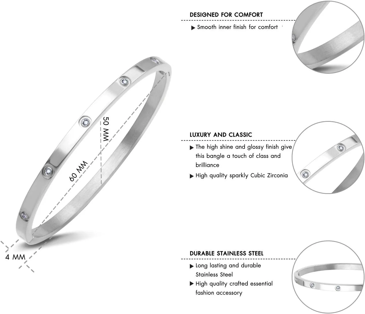 555Jewelry Womens Sparkling Cubic Zirconia Secure Hinge Lock Bangle Stainless Steel Bracelet
