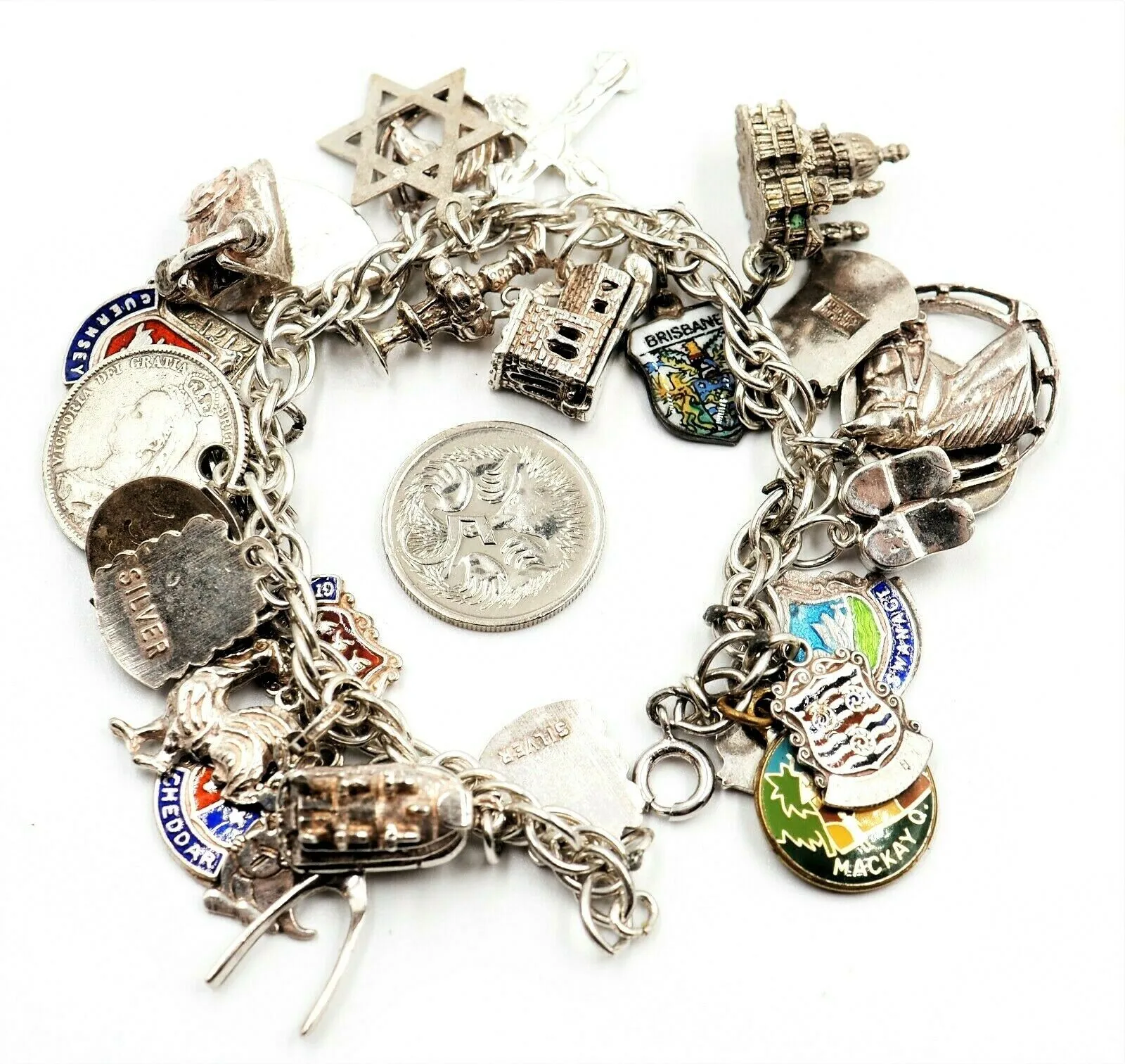 925 Sterling Silver Traditional Style Charm Bracelet with 30 Charms
