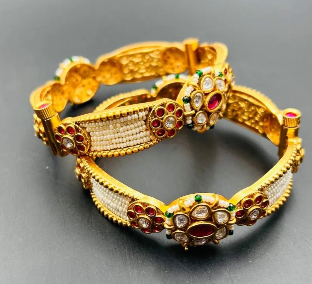 Ameena Red Stone With Green And Pearl Beads Temple Bangle Pair