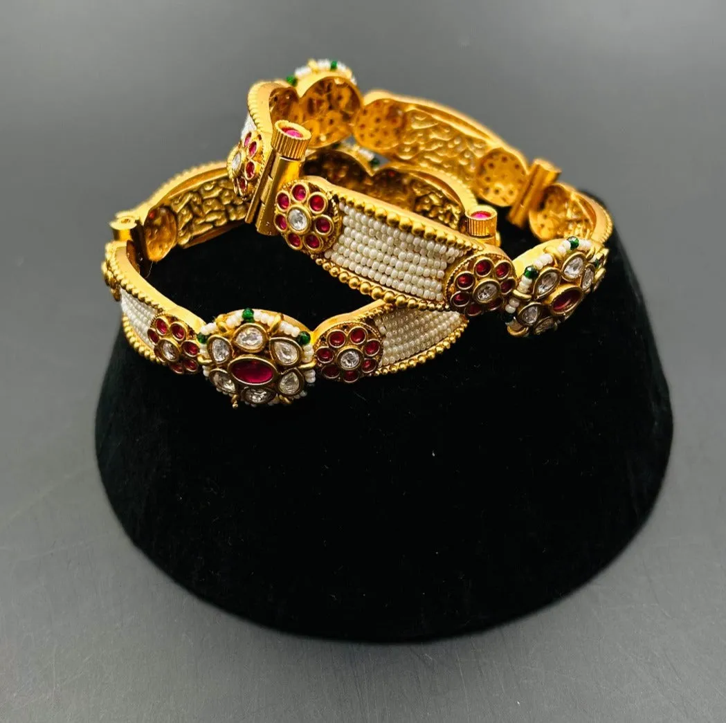 Ameena Red Stone With Green And Pearl Beads Temple Bangle Pair