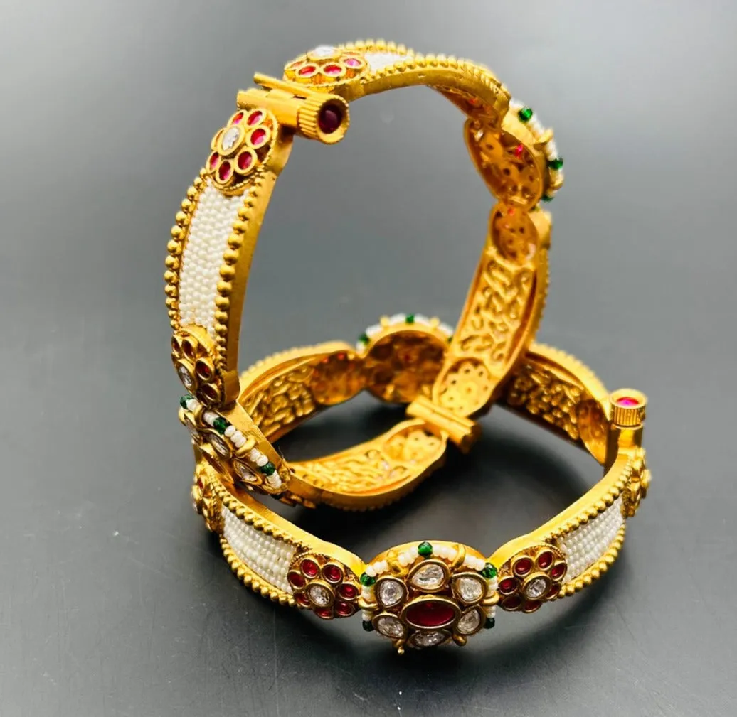 Ameena Red Stone With Green And Pearl Beads Temple Bangle Pair
