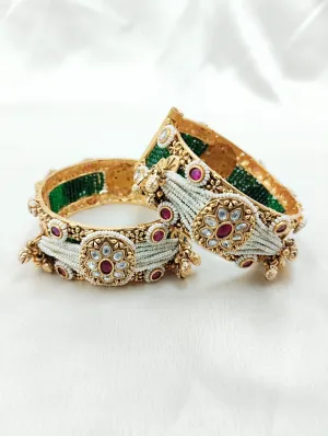 Antique Finish Pearl and Green String Kada Pair