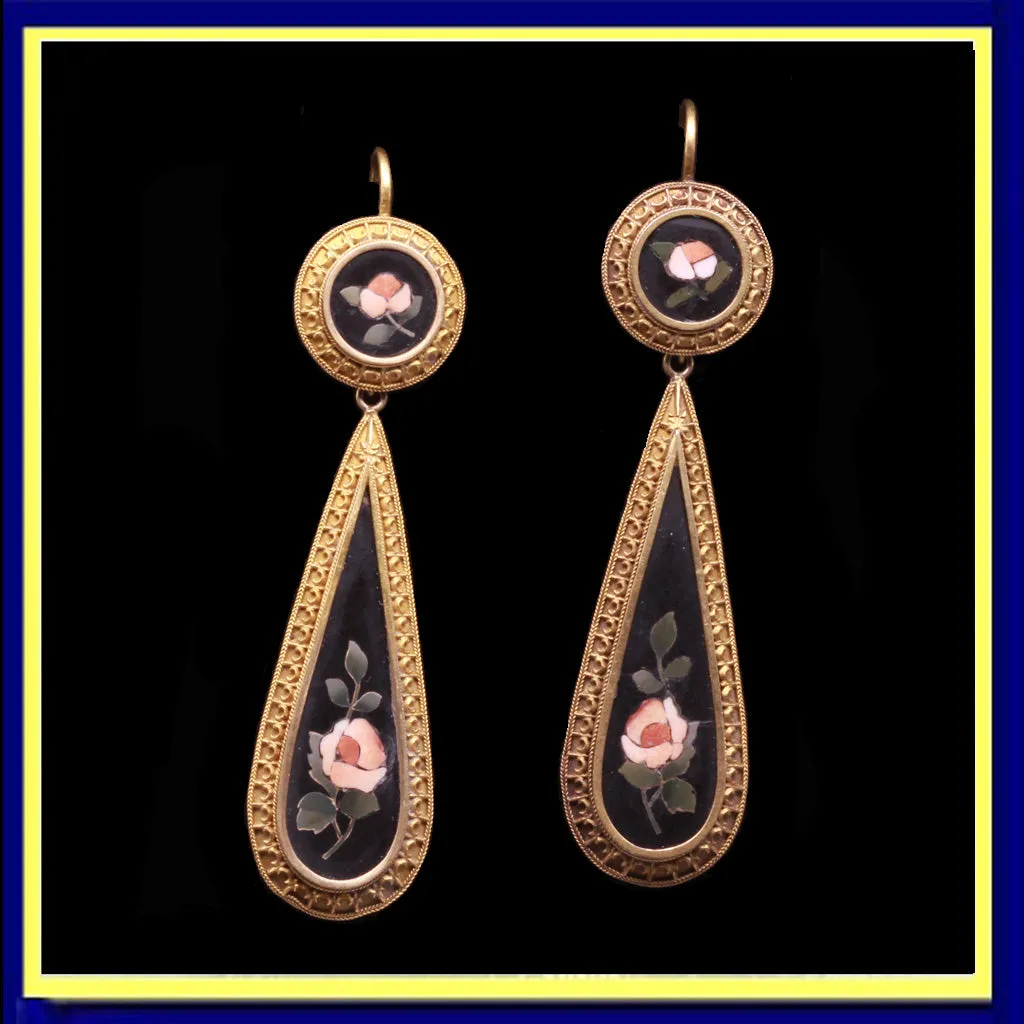 Antique Victorian Neo-Classic Earrings Gold Pietra Dura Florentine Mosaics (7294)