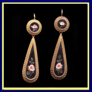 Antique Victorian Neo-Classic Earrings Gold Pietra Dura Florentine Mosaics (7294)
