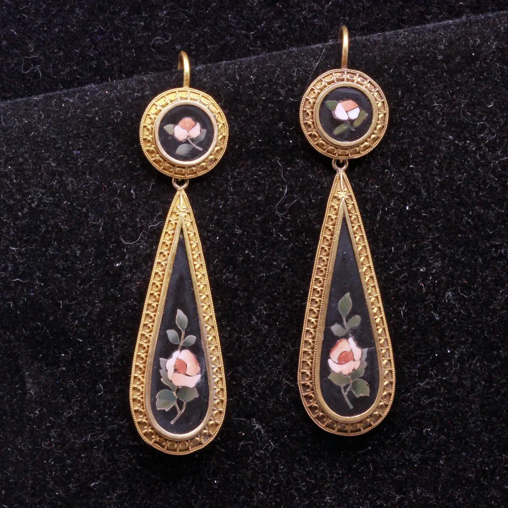 Antique Victorian Neo-Classic Earrings Gold Pietra Dura Florentine Mosaics (7294)