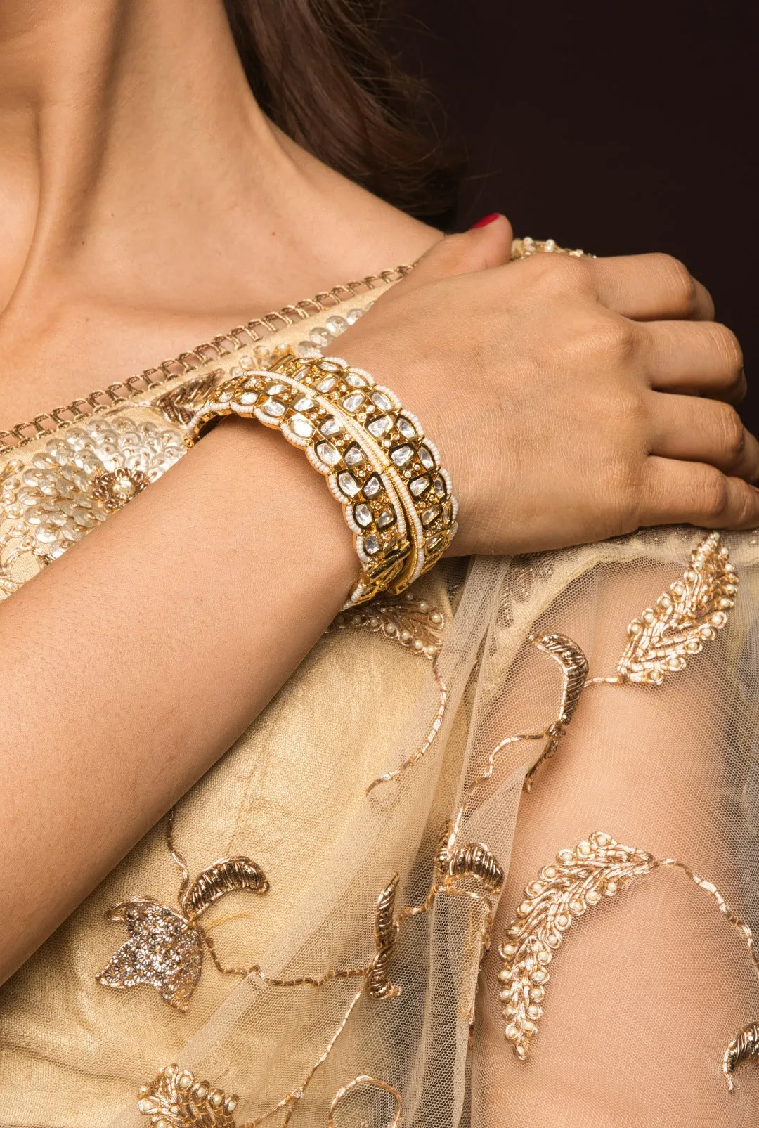 Ara Gold Plated Openable Pearl and Kundan Bangle Pair