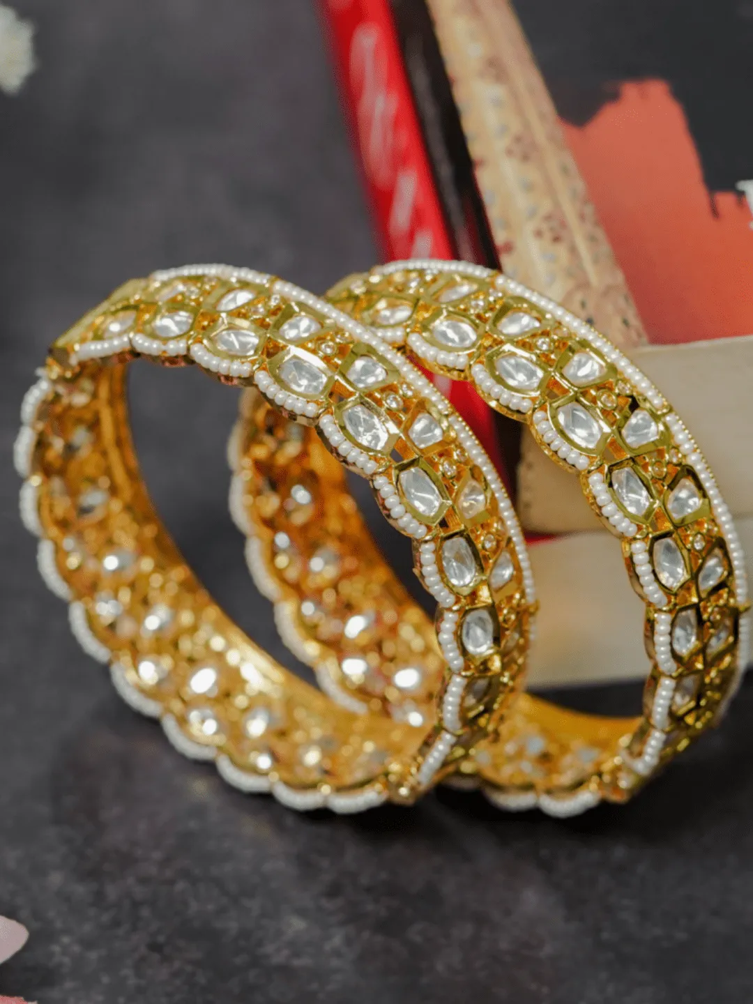 Ara Gold Plated Openable Pearl and Kundan Bangle Pair