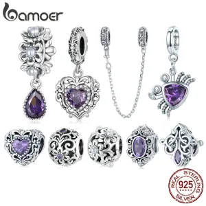 BAMOER Genuine 925 Sterling Silver Amethyst and Pearl Collection Charms Stone Charm Bracelet Necklace Pendant DIY Vintage Design Fine Jewelry