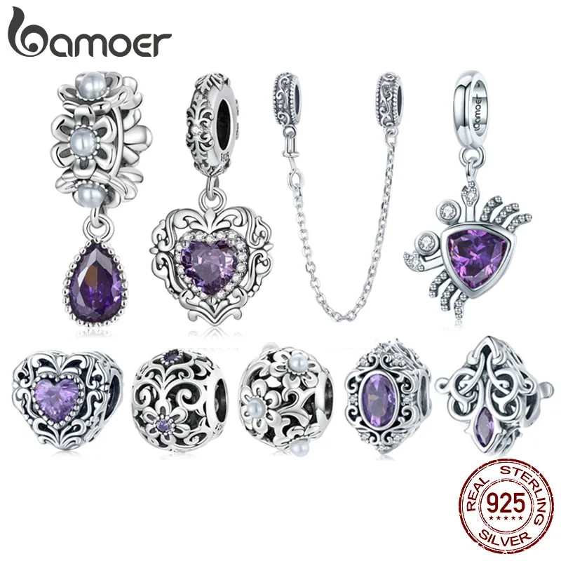 BAMOER Genuine 925 Sterling Silver Amethyst and Pearl Collection Charms Stone Charm Bracelet Necklace Pendant DIY Vintage Design Fine Jewelry