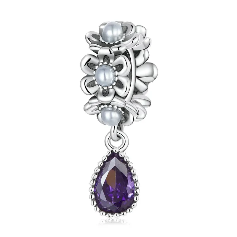 BAMOER Genuine 925 Sterling Silver Amethyst and Pearl Collection Charms Stone Charm Bracelet Necklace Pendant DIY Vintage Design Fine Jewelry