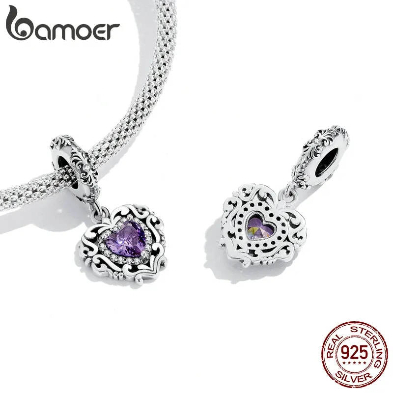 BAMOER Genuine 925 Sterling Silver Amethyst and Pearl Collection Charms Stone Charm Bracelet Necklace Pendant DIY Vintage Design Fine Jewelry