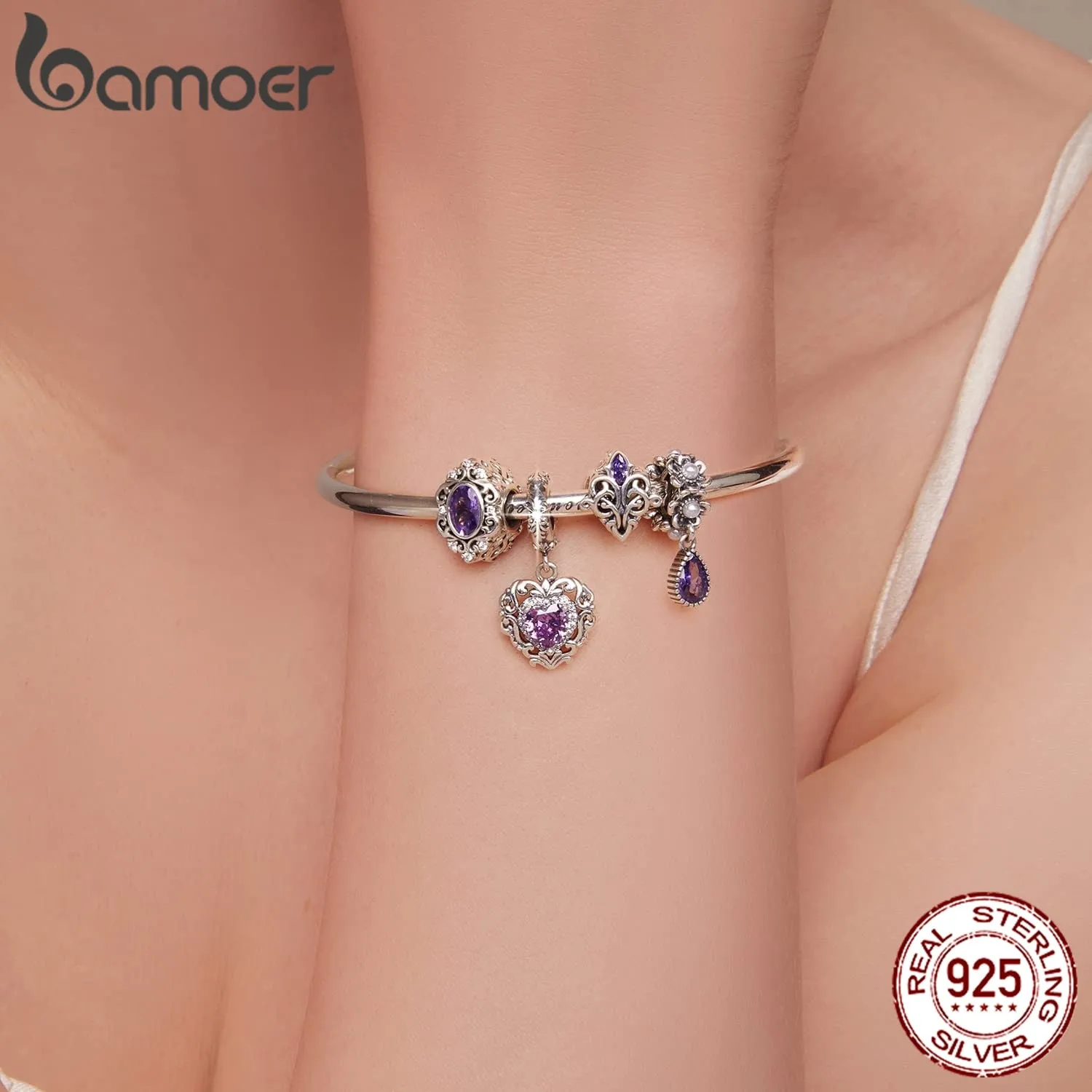 BAMOER Genuine 925 Sterling Silver Amethyst and Pearl Collection Charms Stone Charm Bracelet Necklace Pendant DIY Vintage Design Fine Jewelry
