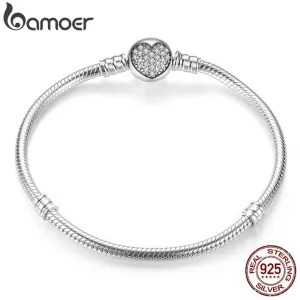 Bamoer Genuine 925 Sterling Silver Snake Chain Bracelet CZ Heart Clasp 17CM 18CM 19CM 20CM