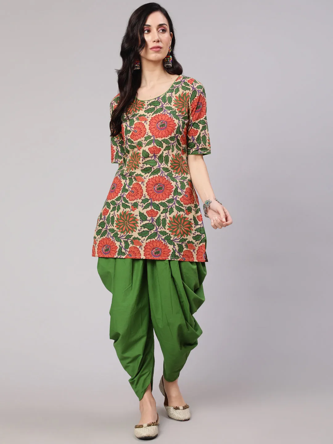 Beige Floral Print Kurta With Dhoti Pant