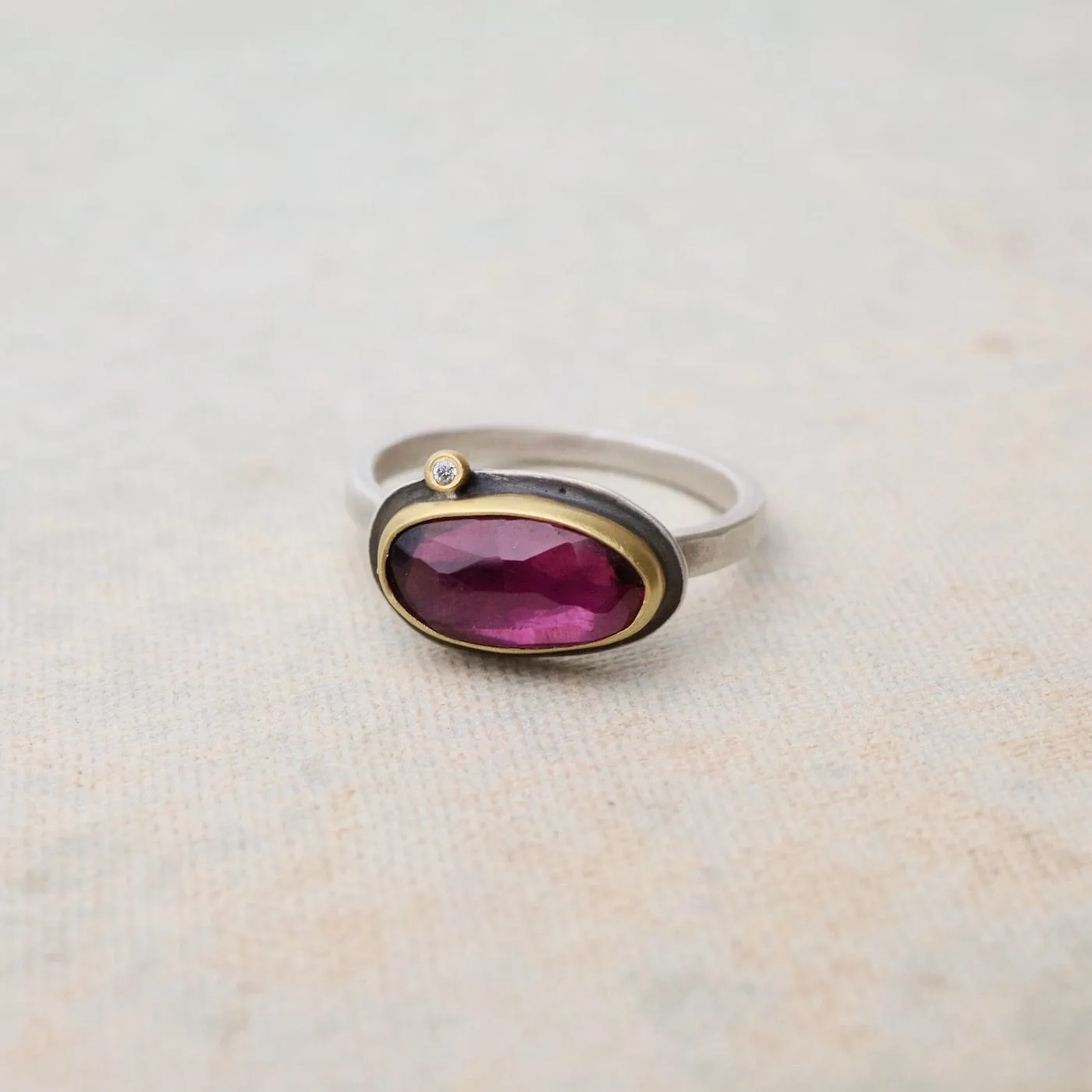 Bezel Set Pink Tourmaline with Diamond Ring
