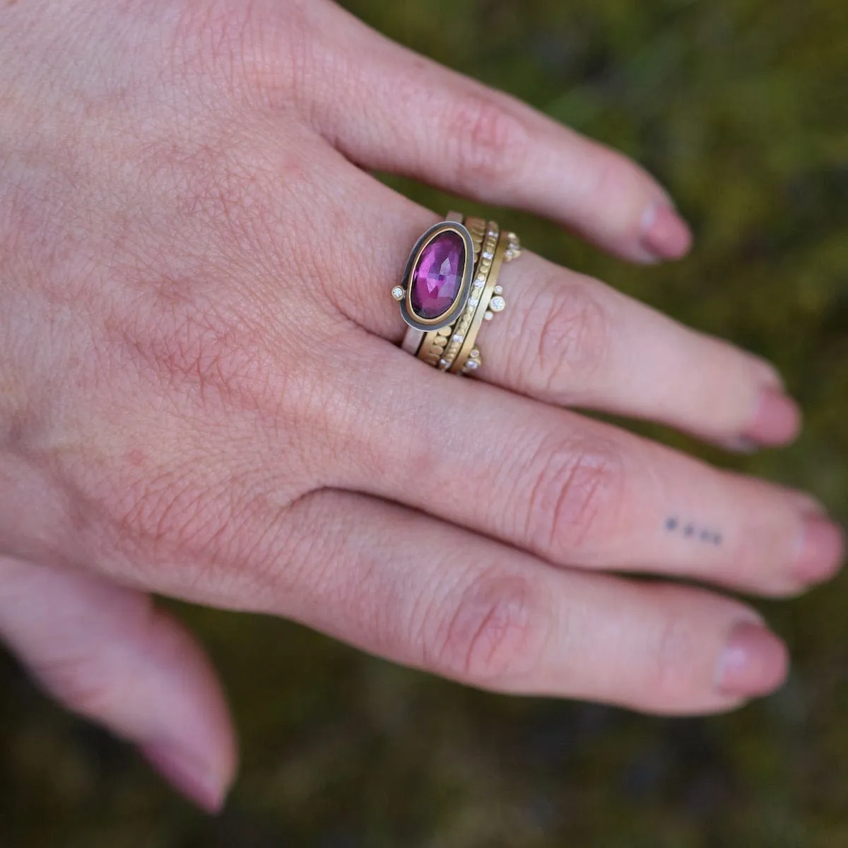 Bezel Set Pink Tourmaline with Diamond Ring