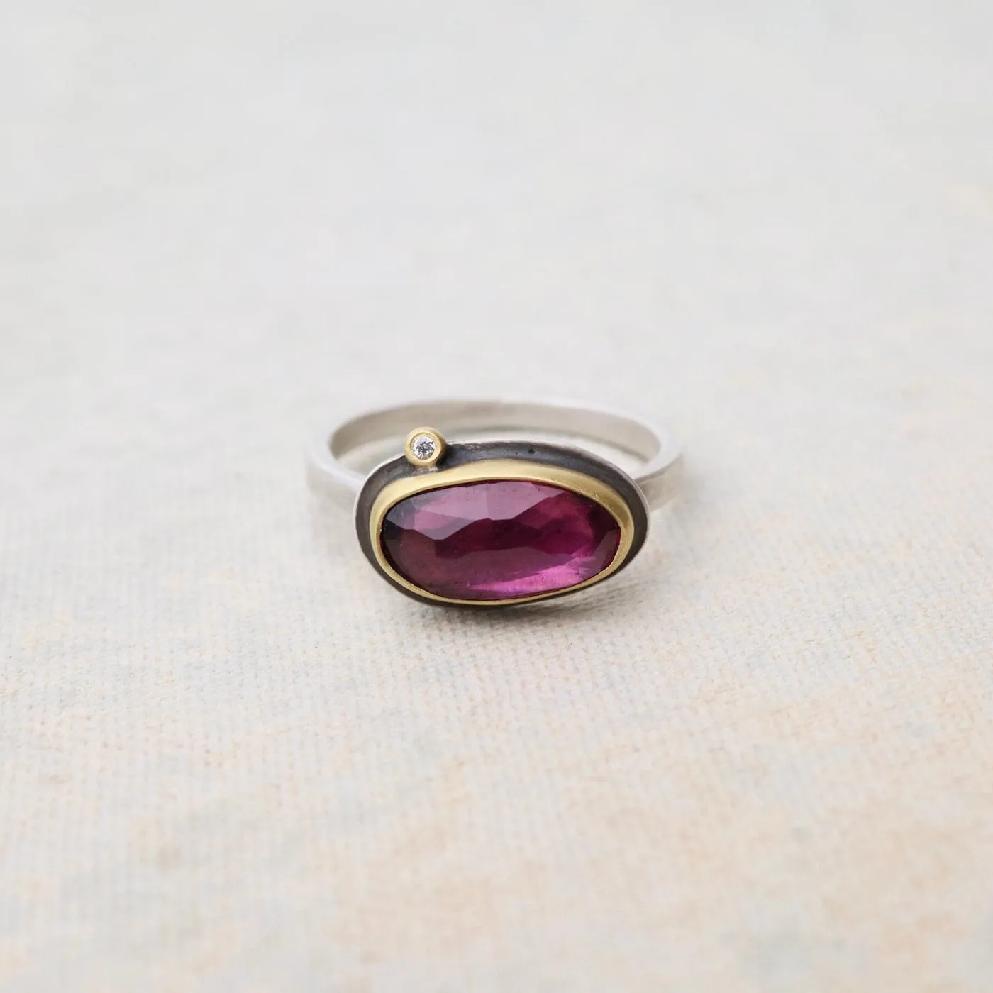 Bezel Set Pink Tourmaline with Diamond Ring