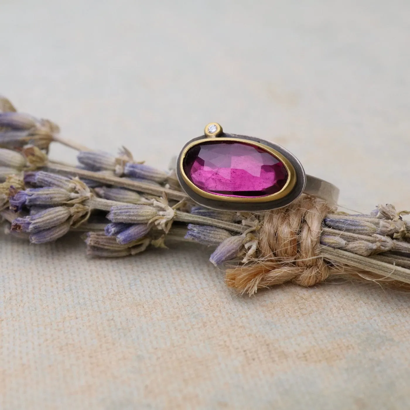Bezel Set Pink Tourmaline with Diamond Ring