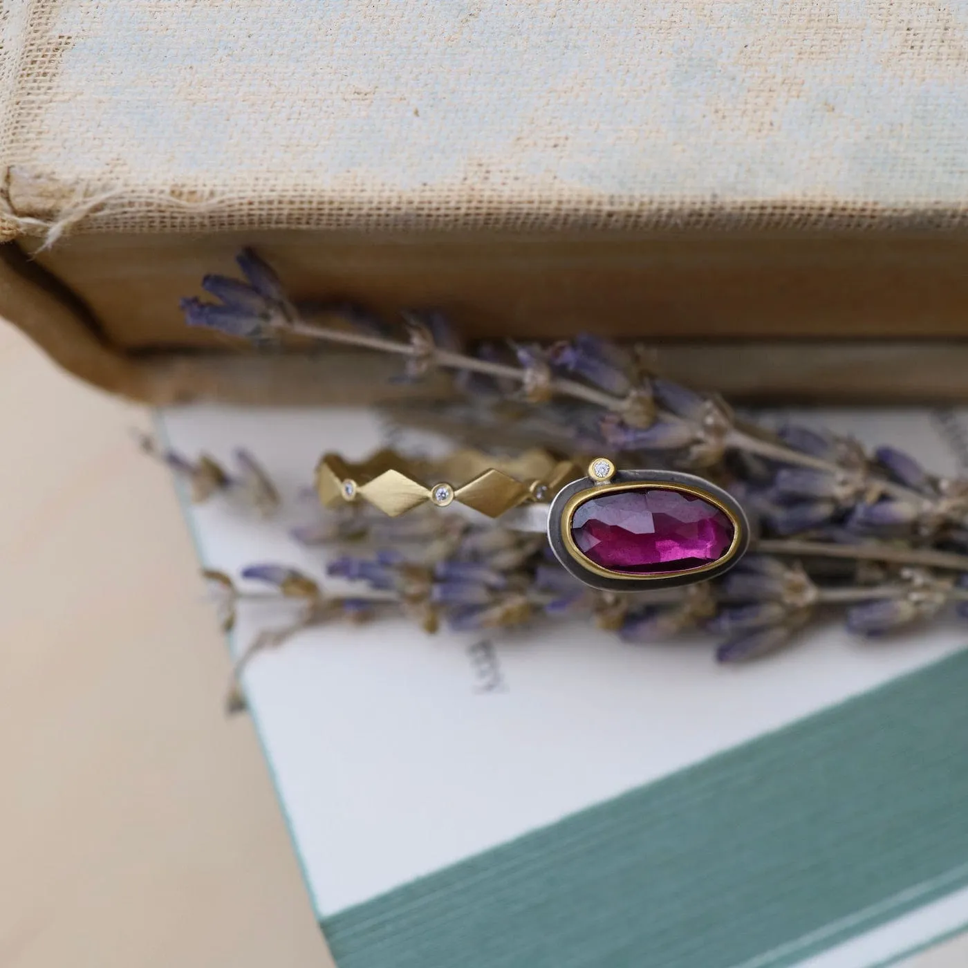 Bezel Set Pink Tourmaline with Diamond Ring