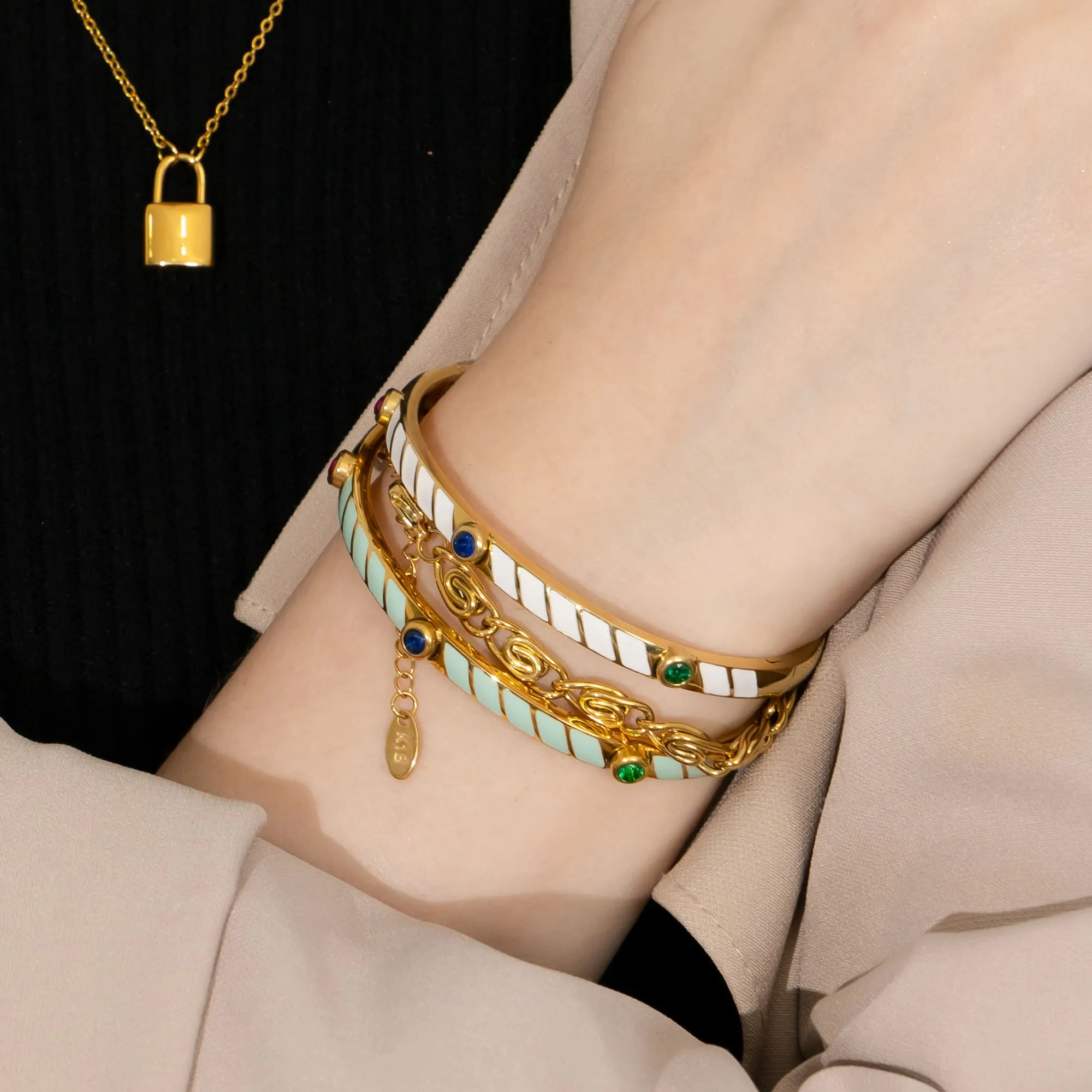 Boxed Luminous Enamel Gold 3 Bangles Set