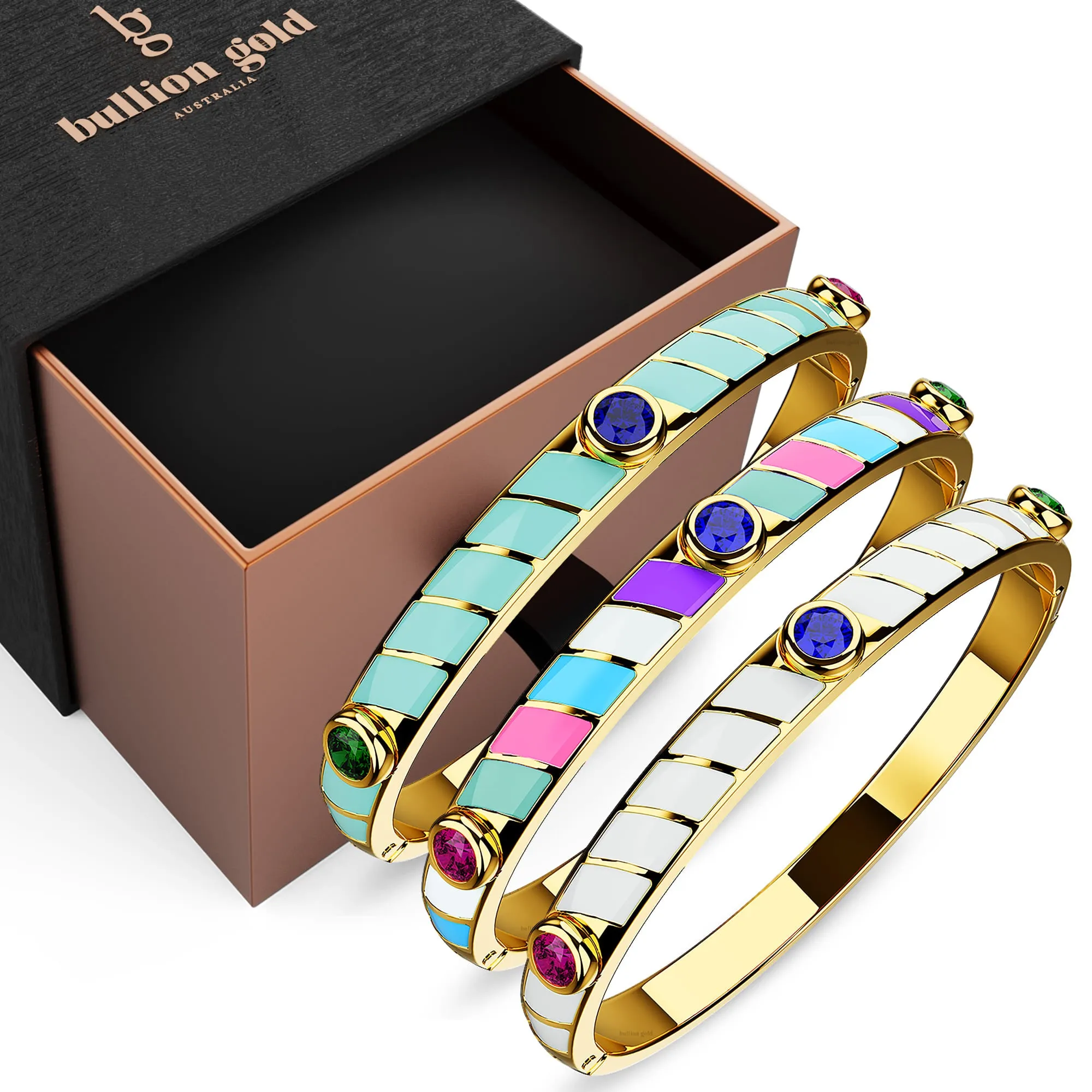 Boxed Luminous Enamel Gold 3 Bangles Set