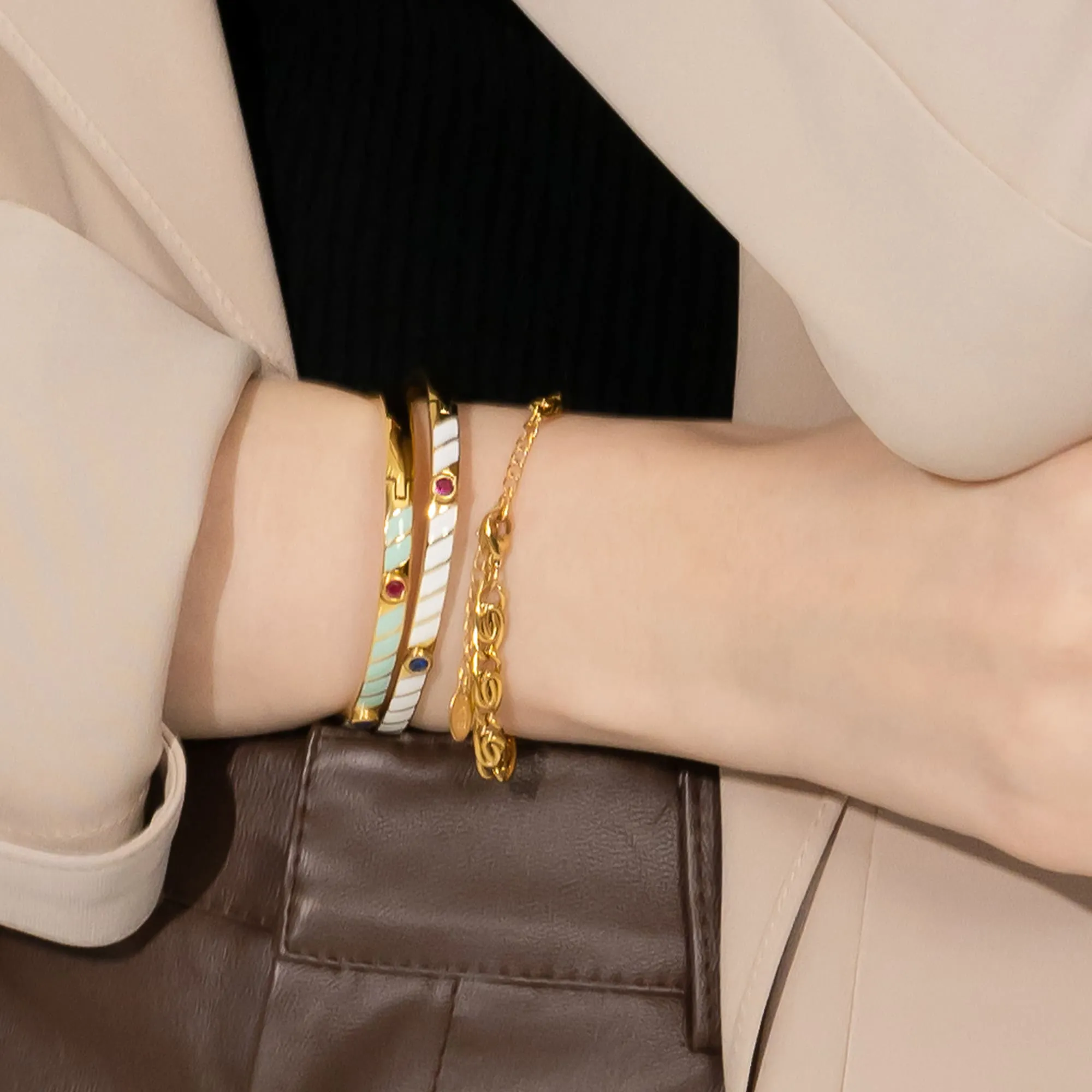Boxed Luminous Enamel Gold 3 Bangles Set
