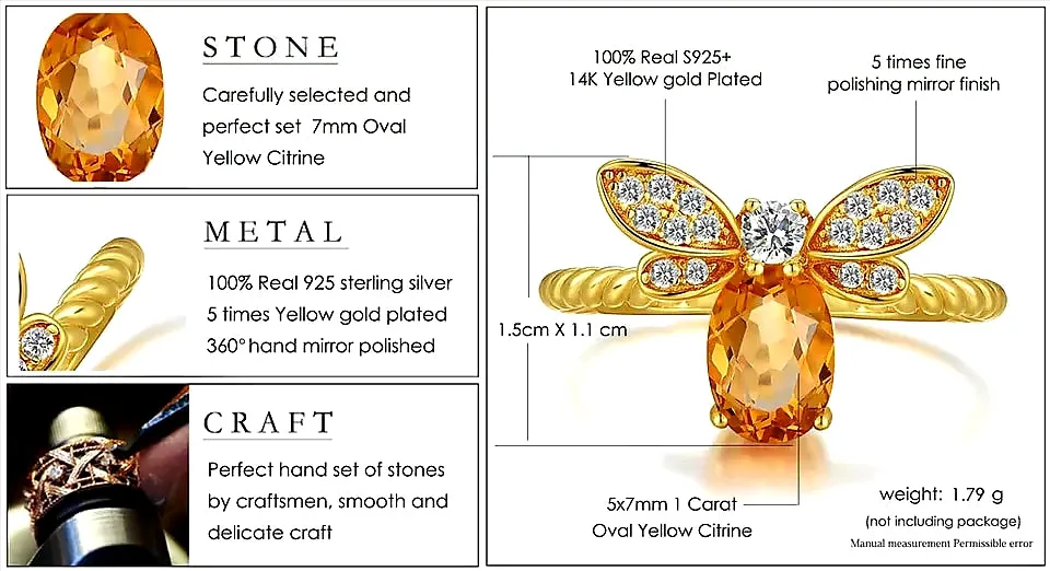 Citrine Sterling Silver 14K Gold plated Honey Bee Ring