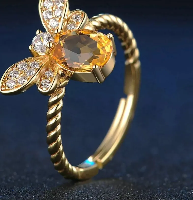 Citrine Sterling Silver 14K Gold plated Honey Bee Ring