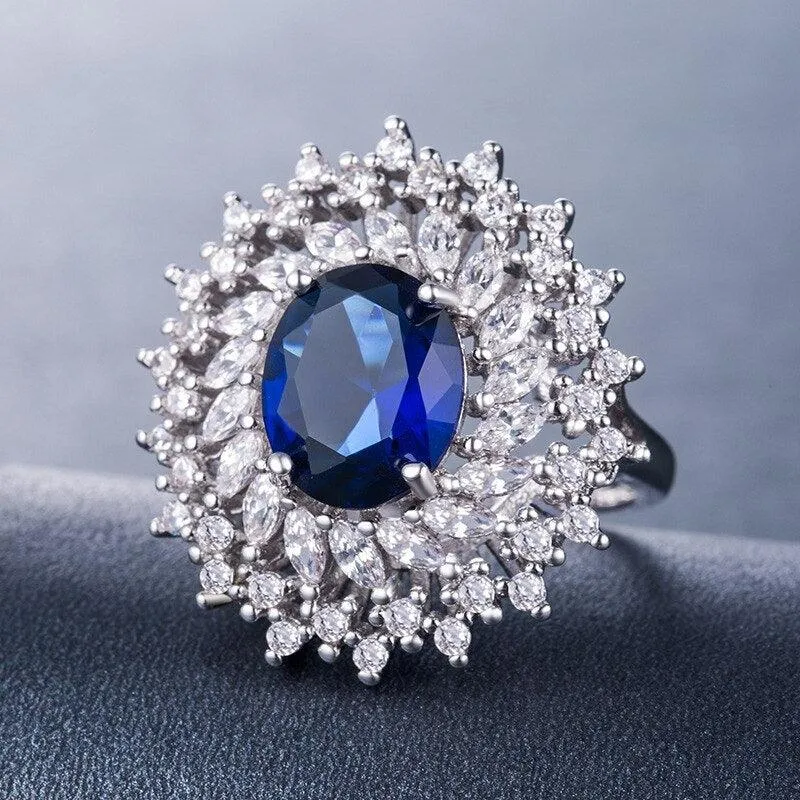 Delightful New Luxury Blue Color Oval Cut AAA  Cubic Zirconia Diamonds Fashion Rings
