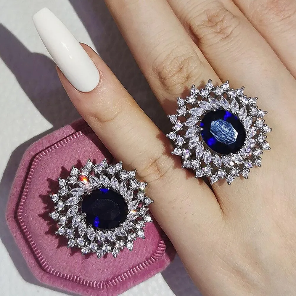 Delightful New Luxury Blue Color Oval Cut AAA  Cubic Zirconia Diamonds Fashion Rings