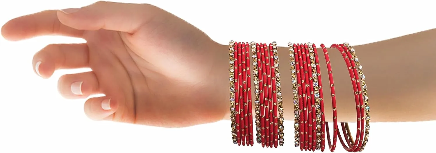 Desi Indian Bangles For Women - Set Of 22 Pcs Bollywood Indian Jewelry Sets For Women, 80s Accessories Bangle Bracelets Party Favors Alloy Metal Churi
