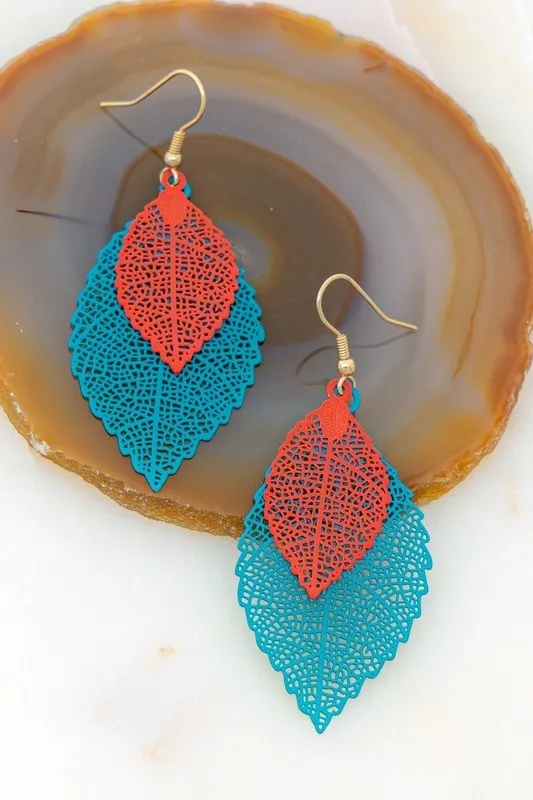 Double Filigree Leaf Delicate Stamping Earrings