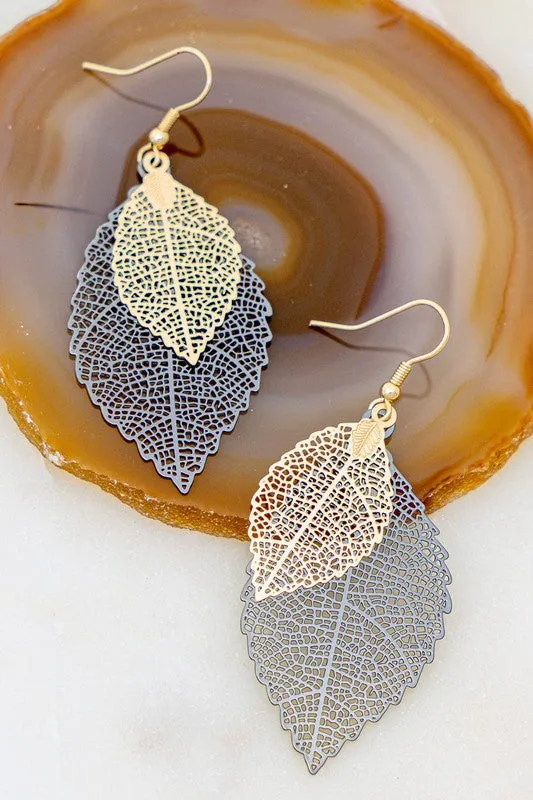 Double Filigree Leaf Delicate Stamping Earrings