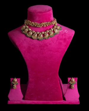 Double Strand Gold Toned Necklace Set with Ruby Emerald Beads and Ornate Medallions