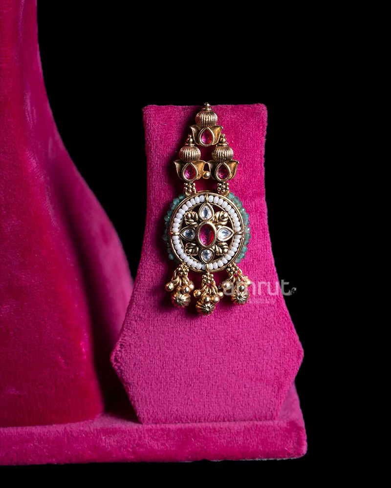 Double Strand Gold Toned Necklace Set with Ruby Emerald Beads and Ornate Medallions