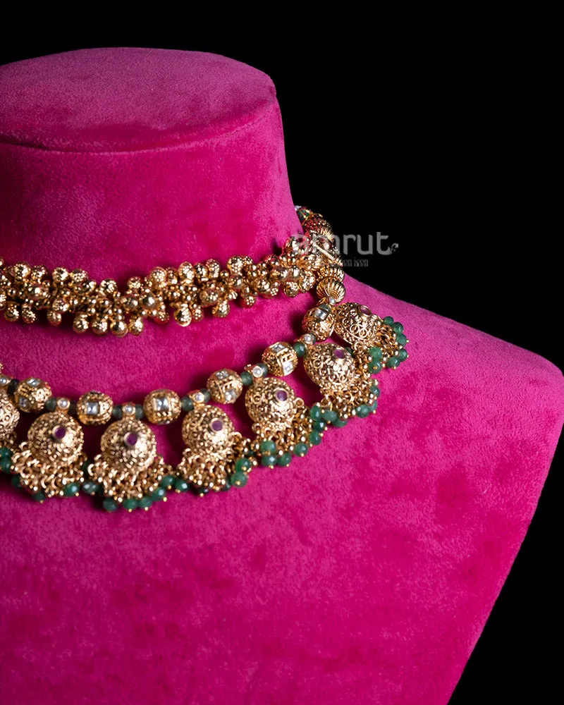 Double Strand Gold Toned Necklace Set with Ruby Emerald Beads and Ornate Medallions